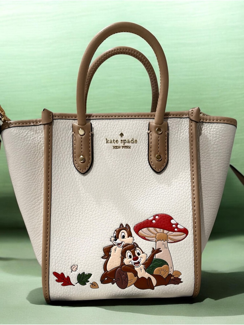kate spade Cream & Tan Leather Crossbody with Disney Chip 'n' Dale Artwork